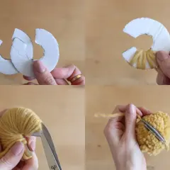 Vier Schritte zum Basteln eines Pompons: Pappschablone, Garn wickeln, schneiden und fertigstellen.