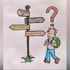 Ein Kind steht ratlos vor einem Wegweiser mit Optionen wie "Gymnasium" und "Realschule". Die Frage ist: bis welche Klasse geht Realschule?