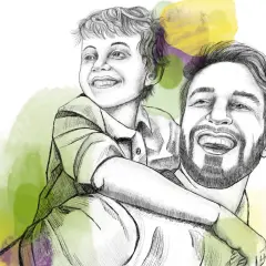 Ein Vater trägt seinen Sohn auf den Schultern. Der Junge lacht und umarmt ihn. Ein fröhlicher Moment, der an einen adhs-test kind 6 jahre erinnert.