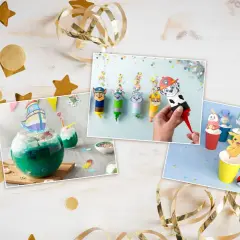 Bilder zeigen Ideen für Silvester basteln mit Kindern: Paw Patrol Figuren, Pokémon und ein Schiff-Cocktail.