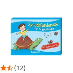 Ein Junge reitet auf einer Schildkröte, umgeben von Marienkäfern und Noten. Das Cover "Sprachförderung für Krippenkinder" verspricht spielerische Lerninhalte, ideal für Fingerspiele.