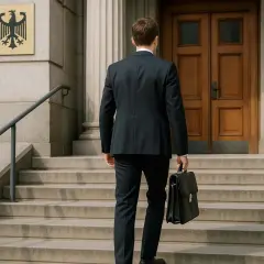 Mann in Anzug steigt Treppen zu einem Gebäude mit Bundesadler-Emblem. Ein Schritt in Richtung Verbeamtung als Lehrer.
