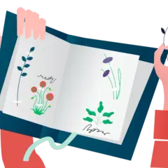 Deckblatt Herbarium Klasse 6: Hände halten ein offenes Buch mit gezeichneten Pflanzen. Eine Hand hält eine Blume, die andere zeigt auf das Herbarium.