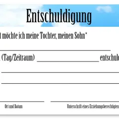 Entschuldigungsformular für die Schule. Hier wird ein Kind für einen bestimmten Zeitraum entschuldigt.