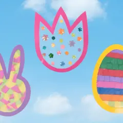 Bunte Osterdekorationen für Fenster: Hase, Tulpe und Ei, gebastelt mit Papier und Glitzer.