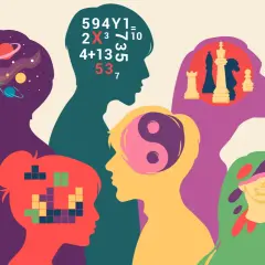 Bunte Silhouetten von Köpfen, die unterschiedliche Denkweisen zeigen: Universum, Zahlen, Schach, Yin & Yang, Pixel. Ist ADHS eine Krankheit?