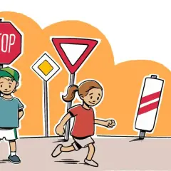 Kinder lernen Verkehrsschilder: Ampel, Stoppschild, Vorfahrt, Warnung. Verkehrserziehung im Kindergarten spielerisch.