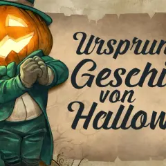 Gruseliger Kürbis-Mann im grünen Anzug, der die Geschichte von Halloween erzählt. Ursprung des Festes liegt in Irland.