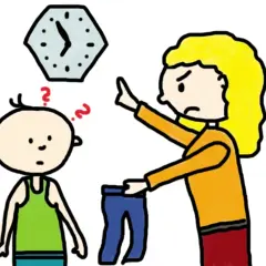 Ein Kind mit Fragezeichen über dem Kopf schaut verwirrt, während eine Frau ihm eine Hose zeigt und auf eine Uhr deutet. Sinnvolle strafarbeiten beispiele.