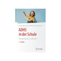 Ein fröhliches Mädchen mit Rucksack zeigt auf das Buch "ADHS in der Schule". Es hilft, die "adhs paralyse" zu überwinden.