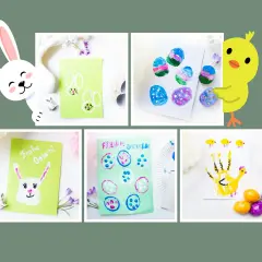 Bunte Osterkarten basteln: Kinderhände und Fingerabdrücke werden zu Hasen, Küken und Ostereiern.