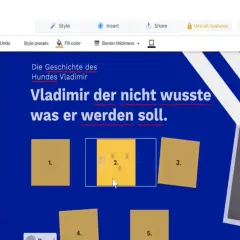 Ein digitales Plakat erstellen: Die Geschichte von Hund Vladimir, der nicht wusste, was er werden soll. Der Entwurf zeigt Text und Bilder.