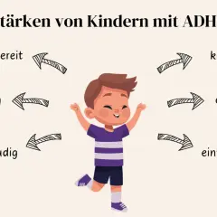 Stärken von Kindern mit ADHS: hilfsbereit, neugierig, kontaktfreudig, kreativ, ehrlich, einfühlsam. Ein fröhliches Kind mit ausgestreckten Armen.