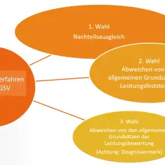 Gestuftes Verfahren § 7 VOGSV: 1. Wahl Nachteilsausgleich, 2. Wahl Abweichen von Leistungsfeststellung, 3. Wahl Abweichen von Leistungsbewertung. Dies ist relevant für den Nachteilsausgleich Niedersachsen.