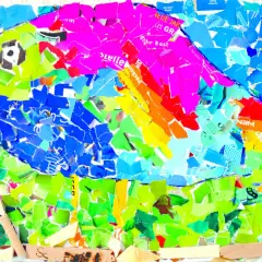 Buntes Vogel-Collagebild, entstanden beim **malen mit Kindern**. Viele zerrissene Papierstücke in leuchtenden Farben ergeben einen fröhlichen Vogel im Grünen.