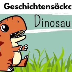 Niedlicher Dinosaurier für ein Kita-Projekt. Der Text "Geschichtensäckchen Dinosaurier" ist zu sehen.