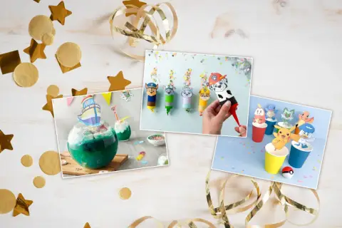 Bilder zeigen Ideen für Silvester basteln mit Kindern: Paw Patrol Figuren, Pokémon und ein Schiff-Cocktail.