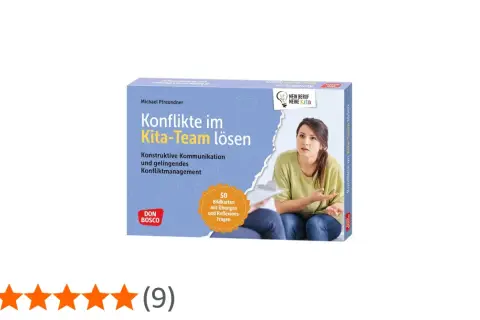 Buchcover: Konflikte im Kita-Team lösen. Eine Frau gestikuliert besorgt, während sie mit einer Kollegin spricht. Hilft bei schlechter Stimmung im Team Kindergarten.