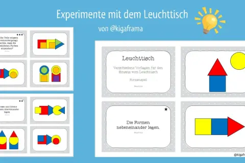 Kostenloses Material Kita: Leuchttisch-Vorlagen für Formenspiele. Kinder legen bunte Formen übereinander oder nebeneinander.