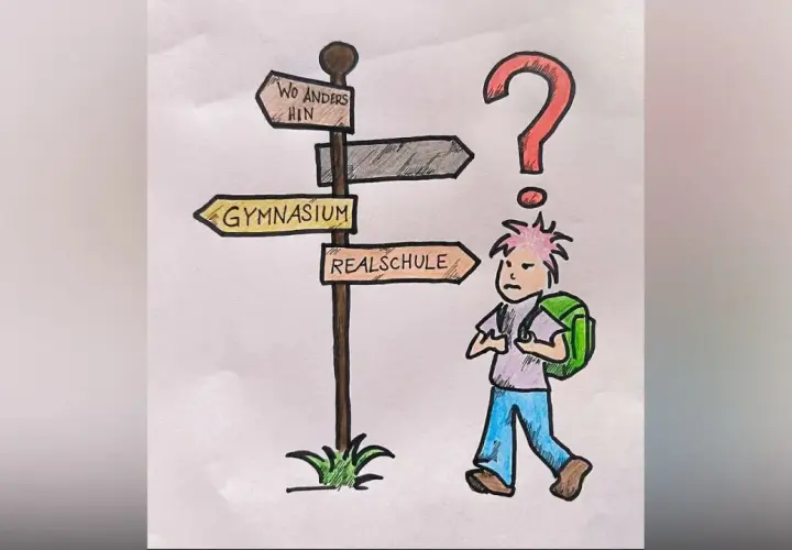 Ein Kind steht ratlos vor einem Wegweiser mit Optionen wie "Gymnasium" und "Realschule". Die Frage ist: bis welche Klasse geht Realschule?