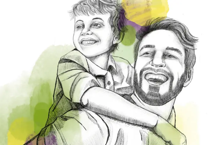 Ein Vater trägt seinen Sohn auf den Schultern. Der Junge lacht und umarmt ihn. Ein fröhlicher Moment, der an einen adhs-test kind 6 jahre erinnert.