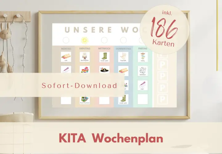 Ein Beispiel für eine Kita Wochenplanung mit vielen Karten zum Malen, Spielen und Ausflügen.