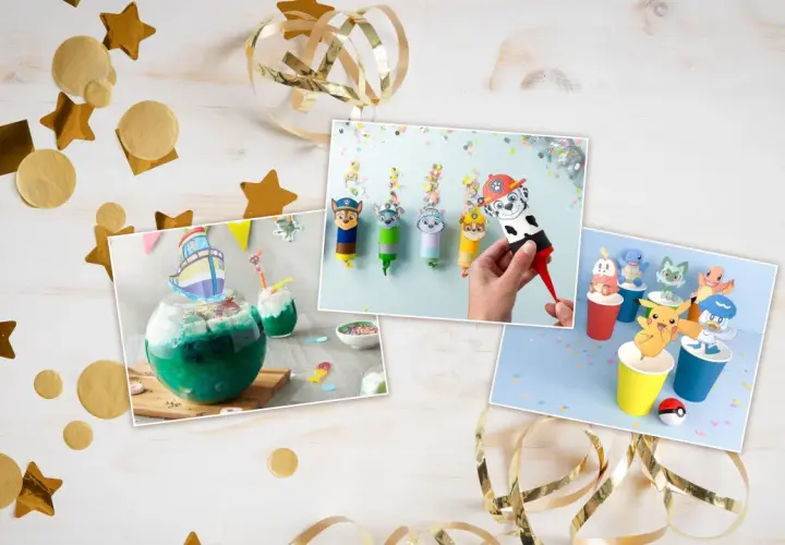 Bilder zeigen Ideen für Silvester basteln mit Kindern: Paw Patrol Figuren, Pokémon und ein Schiff-Cocktail.