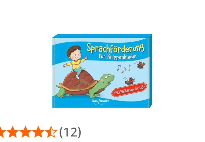 Ein Junge reitet auf einer Schildkröte, umgeben von Marienkäfern und Noten. Das Cover "Sprachförderung für Krippenkinder" verspricht spielerische Lerninhalte, ideal für Fingerspiele.