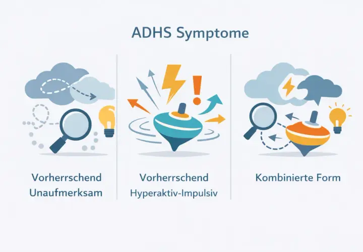 Grafik zeigt drei Formen von ADHS bei Erwachsenen: Unaufmerksam, Hyperaktiv-Impulsiv und Kombiniert.