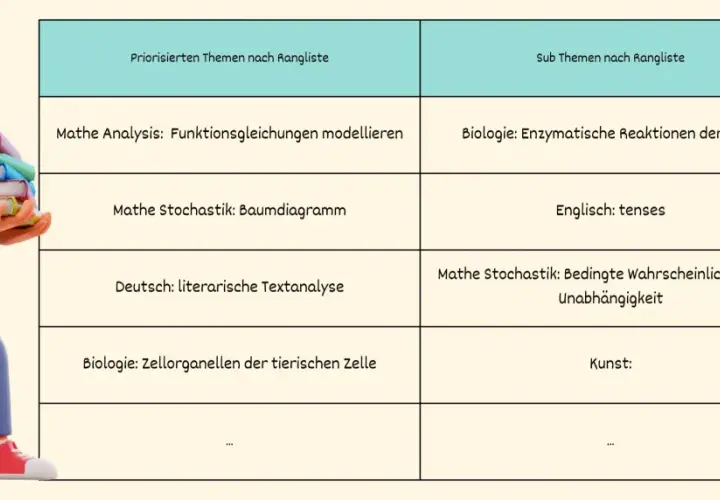 Ein Junge trägt Bücher, während eine Tabelle hilft, einen Lernplan zu erstellen. Themen wie Mathe, Biologie und Deutsch sind aufgeführt.