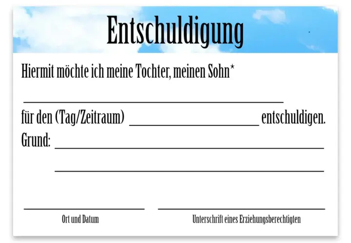 Entschuldigungsformular für die Schule. Hier wird ein Kind für einen bestimmten Zeitraum entschuldigt.