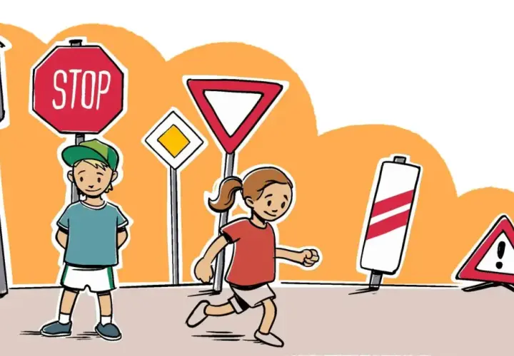Kinder lernen Verkehrsschilder: Ampel, Stoppschild, Vorfahrt, Warnung. Verkehrserziehung im Kindergarten spielerisch.