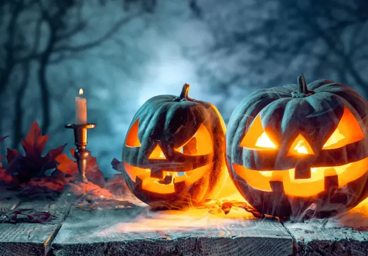 Gruselige Kürbisse leuchten im Nebel. Seit wann wird Halloween in Deutschland gefeiert? Die Antwort liegt im Dunkel, wie diese Szene.