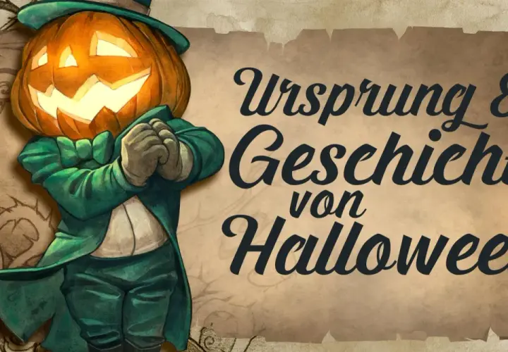 Gruseliger Kürbis-Mann im grünen Anzug, der die Geschichte von Halloween erzählt. Ursprung des Festes liegt in Irland.