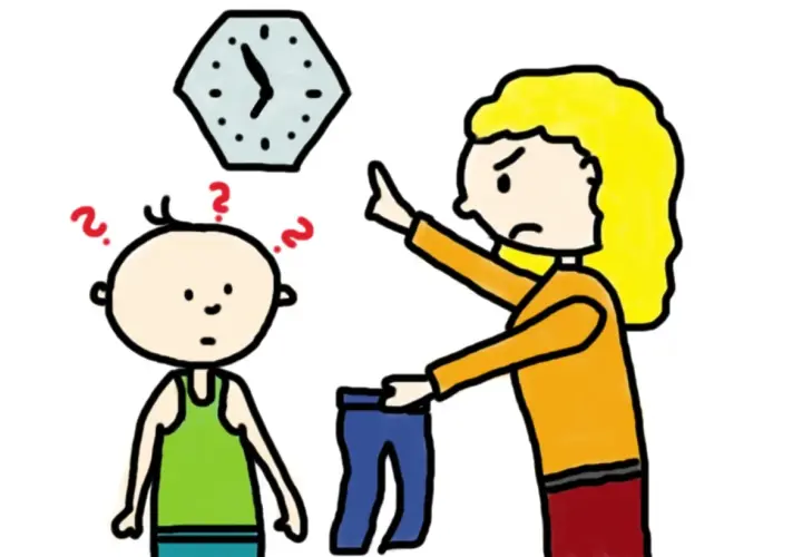 Ein Kind mit Fragezeichen über dem Kopf schaut verwirrt, während eine Frau ihm eine Hose zeigt und auf eine Uhr deutet. Sinnvolle strafarbeiten beispiele.