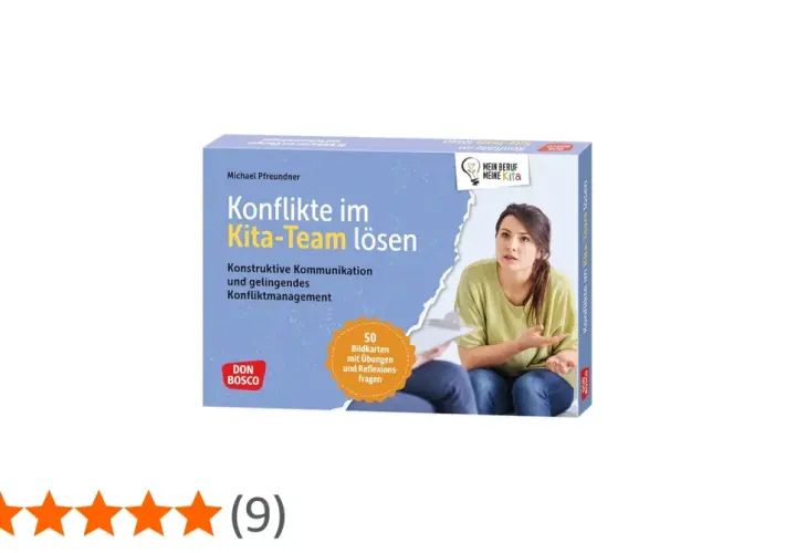 Buchcover: Konflikte im Kita-Team lösen. Eine Frau gestikuliert besorgt, während sie mit einer Kollegin spricht. Hilft bei schlechter Stimmung im Team Kindergarten.
