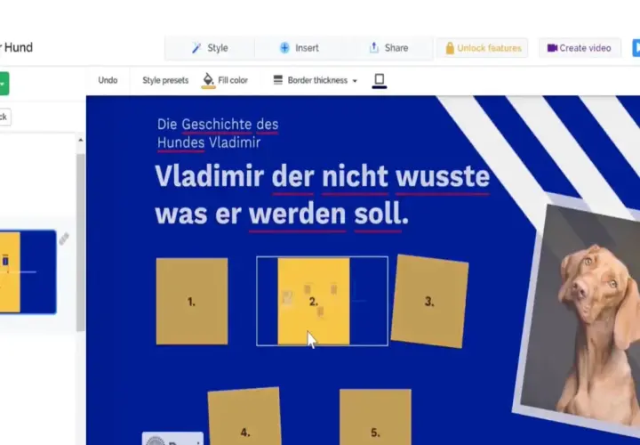 Ein digitales Plakat erstellen: Die Geschichte von Hund Vladimir, der nicht wusste, was er werden soll. Der Entwurf zeigt Text und Bilder.