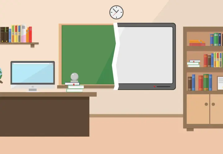 Klassenzimmer mit Lehrerpult, Computer, Globus, Büchern und einer modernen digitale tafel schule, die eine traditionelle Tafel ergänzt.