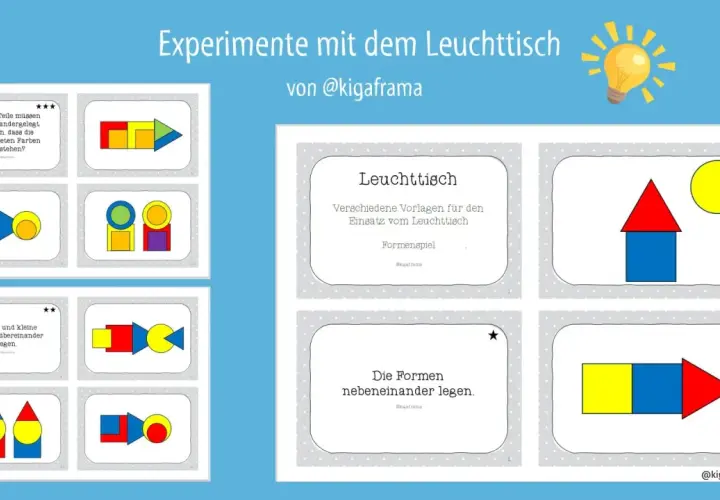Kostenloses Material Kita: Leuchttisch-Vorlagen für Formenspiele. Kinder legen bunte Formen übereinander oder nebeneinander.