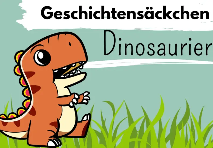 Niedlicher Dinosaurier für ein Kita-Projekt. Der Text "Geschichtensäckchen Dinosaurier" ist zu sehen.