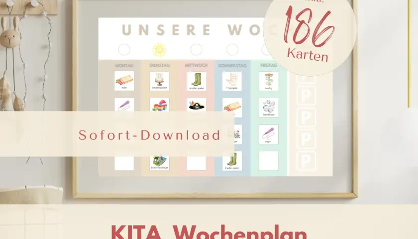 Ein Beispiel für eine Kita Wochenplanung mit vielen Karten zum Malen, Spielen und Ausflügen.