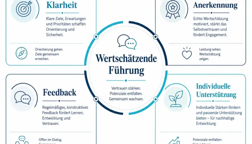 Wertschätzende Führung: Klarheit, Feedback, Anerkennung, Unterstützung. Regeln helfen, Ziele zu erreichen und Vertrauen zu schaffen.
