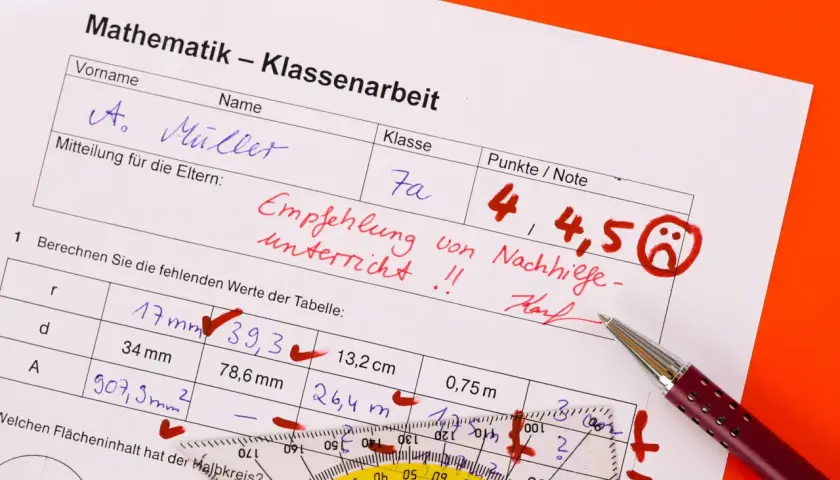 Mathe-Klassenarbeit mit schlechte Noten wegen Faulheit. Die Note 4,5 und ein trauriges Smiley zeigen das Ergebnis. Empfehlung für Nachhilfe.