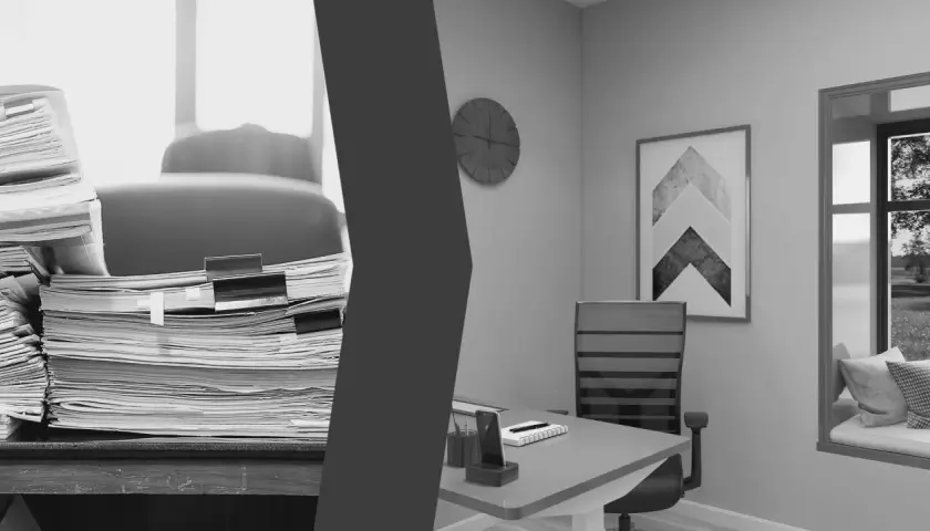 Ein überladenes Schreibtisch-Chaos trifft auf ein aufgeräumtes Arbeitszimmer Lehrer. Stapel von Akten und Ordnern links, ein moderner Schreibtisch mit Uhr und Bild rechts.