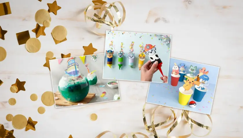 Bilder zeigen Ideen für Silvester basteln mit Kindern: Paw Patrol Figuren, Pokémon und ein Schiff-Cocktail.
