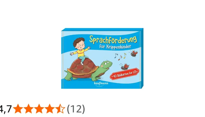 Ein Junge reitet auf einer Schildkröte, umgeben von Marienkäfern und Noten. Das Cover "Sprachförderung für Krippenkinder" verspricht spielerische Lerninhalte, ideal für Fingerspiele.