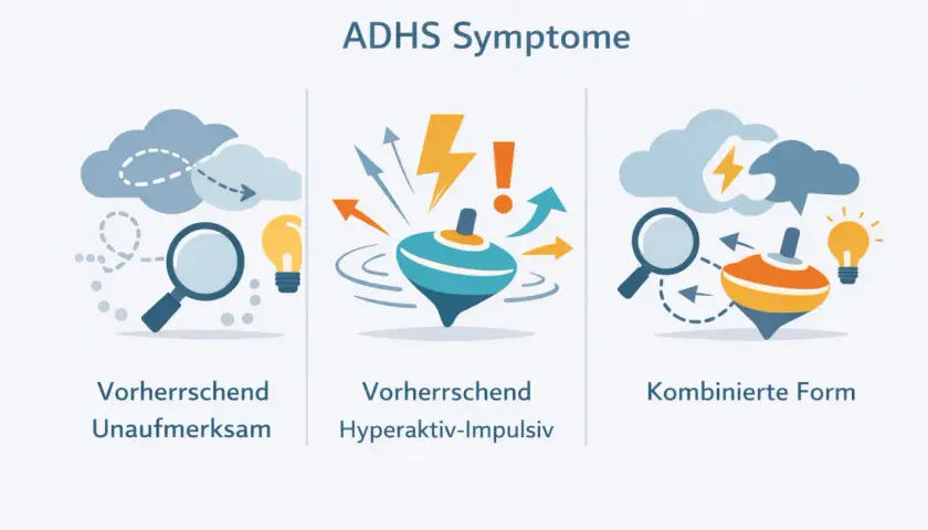 Grafik zeigt drei Formen von ADHS bei Erwachsenen: Unaufmerksam, Hyperaktiv-Impulsiv und Kombiniert.