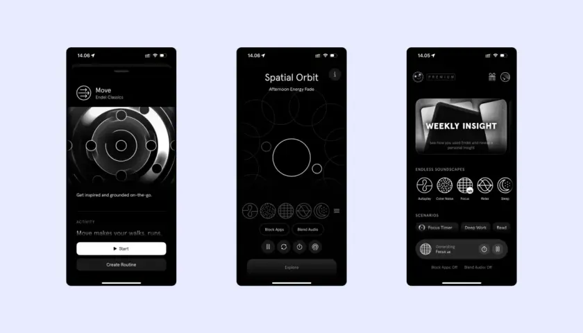 Drei Smartphone-Bildschirme zeigen die Endel-App, die mit "adhs app" beworben wird. Sie bietet Soundscapes zur Konzentration und Entspannung.
