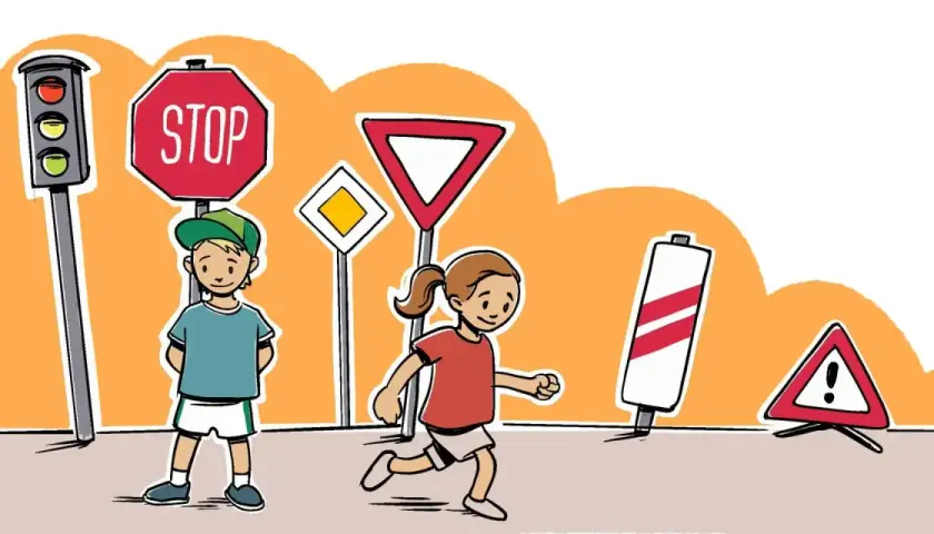 Kinder lernen Verkehrsschilder: Ampel, Stoppschild, Vorfahrt, Warnung. Verkehrserziehung im Kindergarten spielerisch.