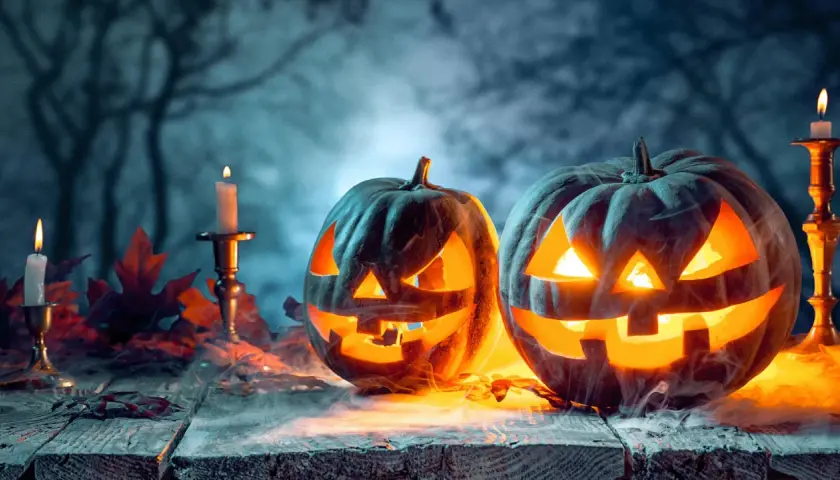 Gruselige Kürbisse leuchten im Nebel. Seit wann wird Halloween in Deutschland gefeiert? Die Antwort liegt im Dunkel, wie diese Szene.